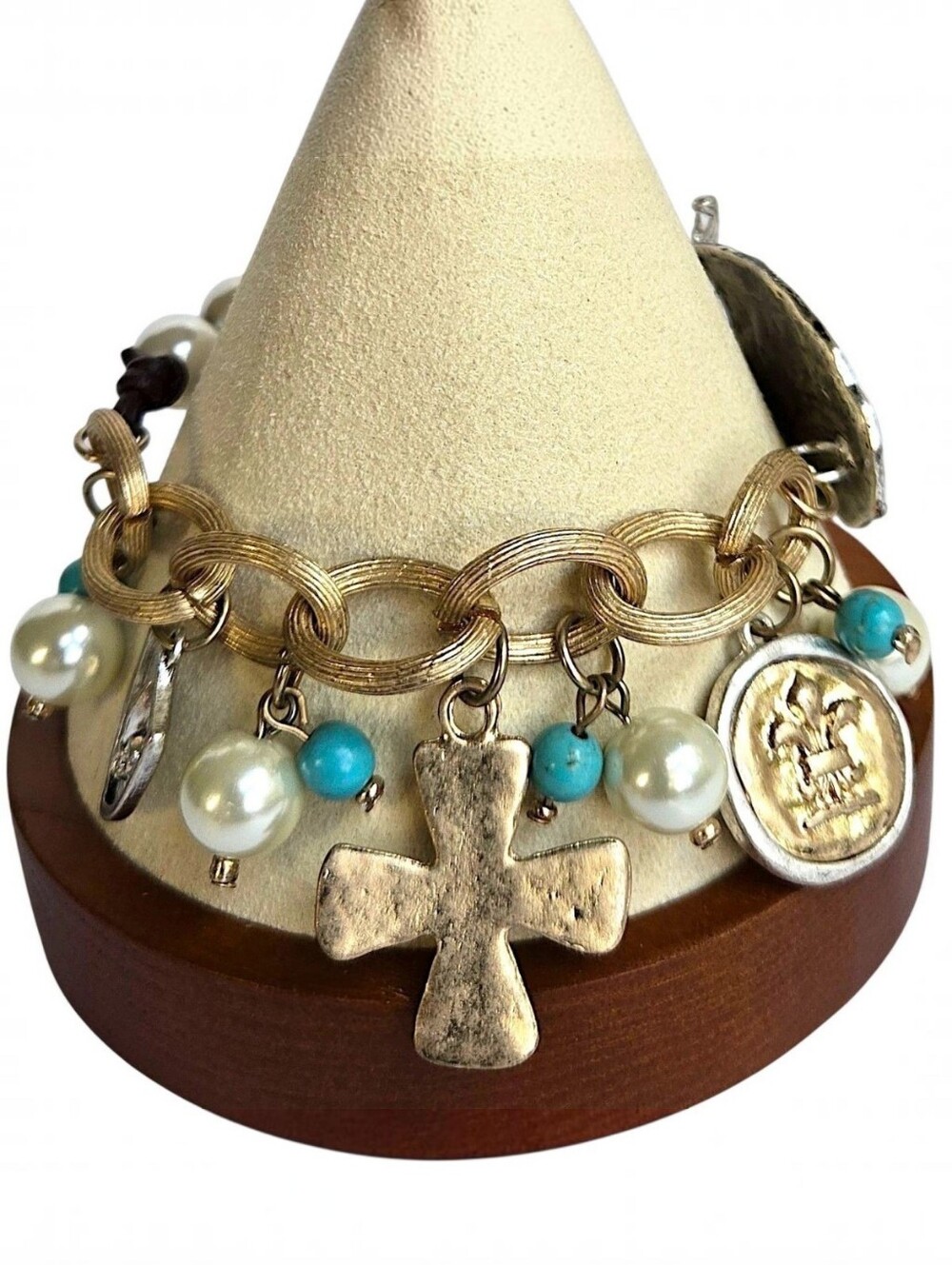 Chunky Rustic Fleur de Lis Cross Charm Bracelet Faux Pearl Turquoise Size 7.25